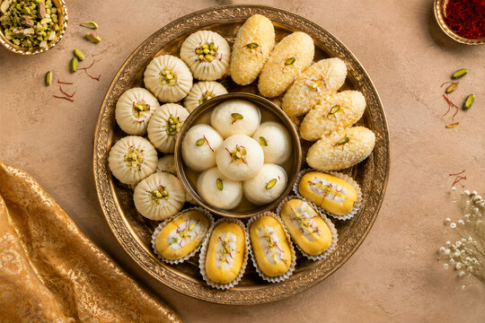 Assorted Bengali Sweets Platter Overhead Flat Lay