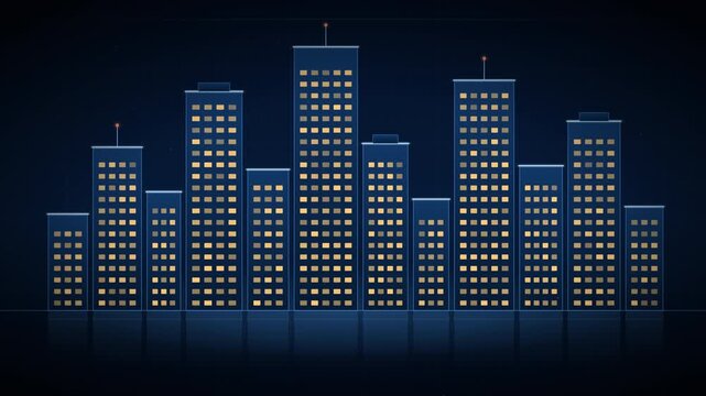 Modern urban cityscape panorama at night with glowing skyscraper windows vector graphic illustration
