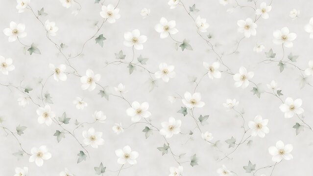 Slender ivy vines and delicate white floral motifs on a warm light-ash grey background