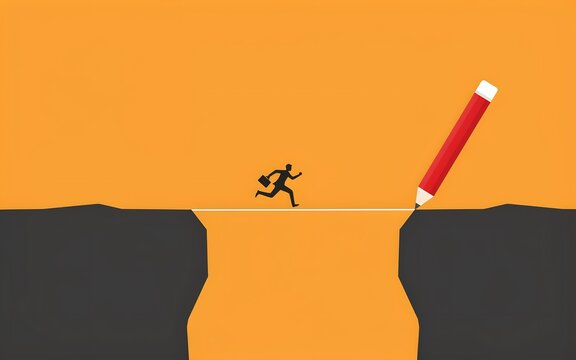 A lone figure bravely crossing a chasm created by a giant pencil symbolizing overcoming obstacles and creative solutions