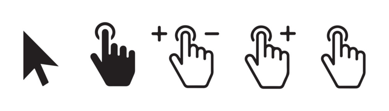 Cursor and hand click icons for zoom, select, and interaction actions in digital interfaces.