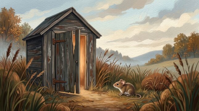 Whimsical gouache illustration of a brave little mouse looking at a glowing wooden shed in a misty autumn field with copy space.