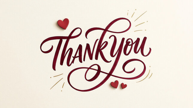 Thank you calligraphy lettering with red hearts on a textured off-white background