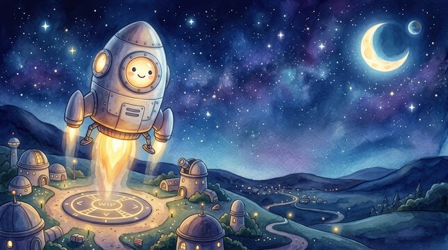 Cute watercolor rocket character landing at whimsical night spaceport with copy space.