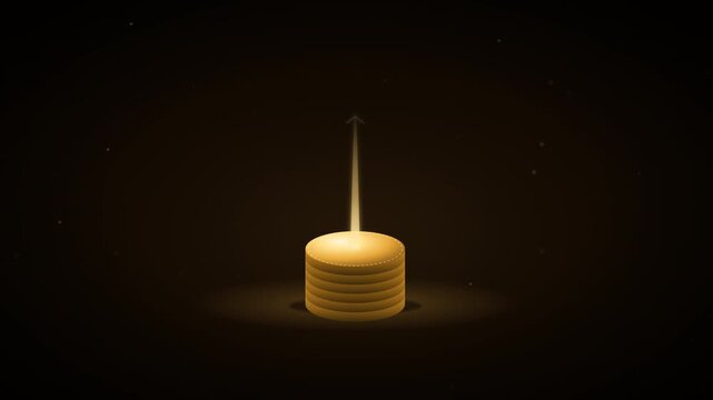 Golden glowing data cylinder emitting beam of light upward representing digital server cloud upload and database storage concept