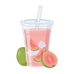 Tropical pink guava juice in clear plastic to-go cup with straw, isolated realistic flat vector illustration on white background © Kavindu