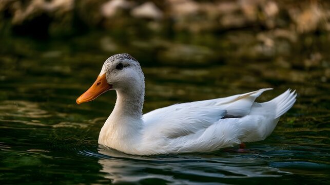 A white duck with orange beak glides calmly on dark green water  surrounded by blurred natural background
