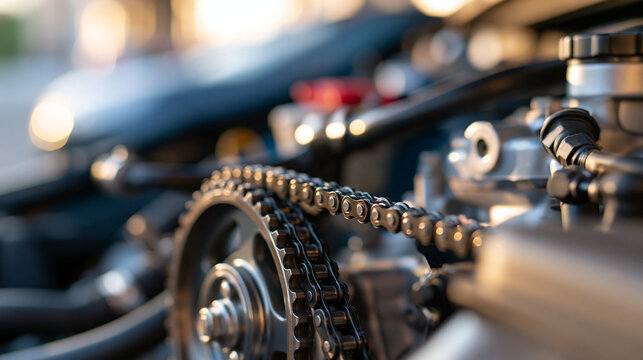 Close-up view of an internal combustion engine timing chain and sprocket mechanism exposed for maintenance, automotive repair, metallic gears and mechanical parts inside a motor,
