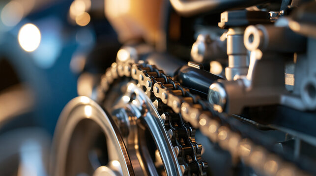 Close-up view of an internal combustion engine timing chain and sprocket mechanism exposed for maintenance, automotive repair, metallic gears and mechanical parts inside a motor,