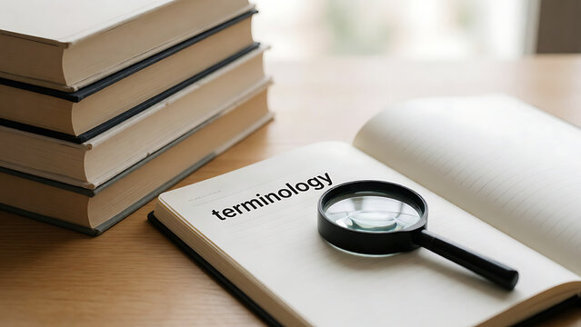 Magnifying glass examining terminology book on desk with educational materials