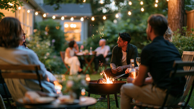 Summer backyard barbecue party at dusk, cozy evening gathering around a fire pit in a lush backyard, friends enjoying a barbecue, with copy space