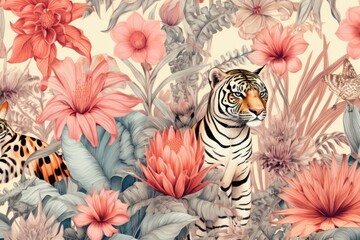 Fototapeta premium Vintage drawing of safari pattern flower backgrounds wildlife.