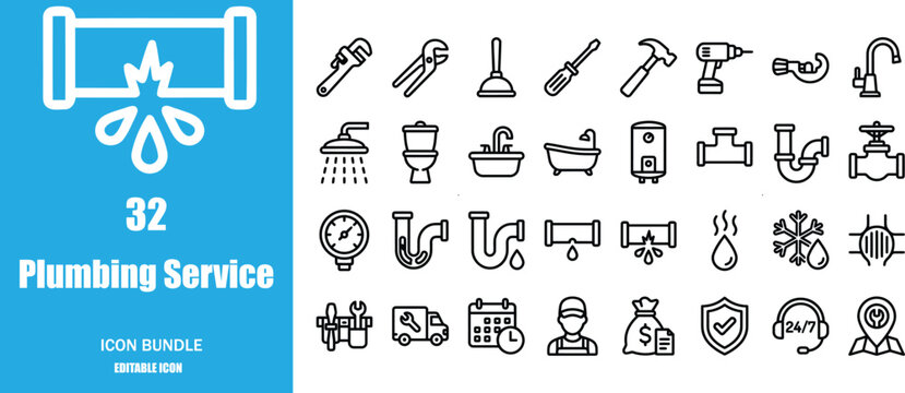 Set of thirty two plumbing service icons featuring tools and bathroom fixtures in a linear style