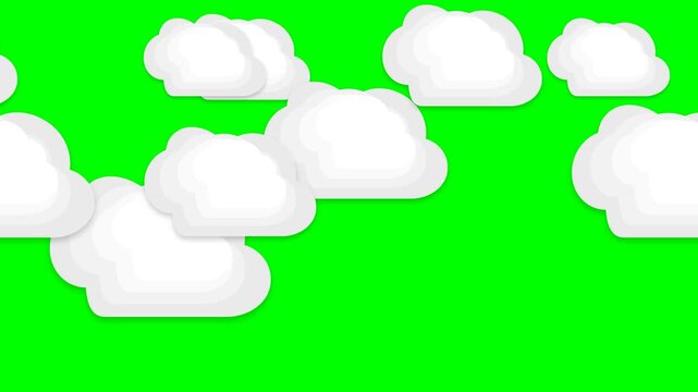 Professional 4K animated multiple pure white layered paper cutout clouds with soft drop shadows moving smoothly from left to right across a pure chroma key green screen background in a seamless loop.