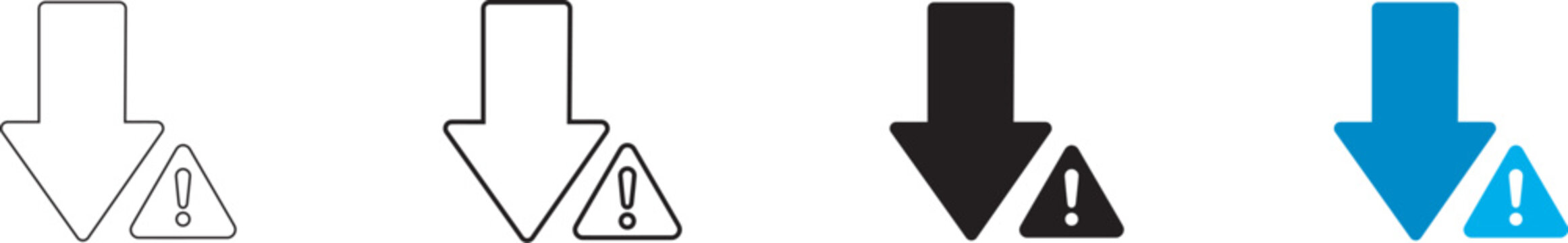 Set of downward arrow icons with exclamation mark warning