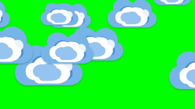Professional 4K animated multiple layered paper cutout clouds moving smoothly from left to right across a pure chroma key green screen background in a seamless loop.