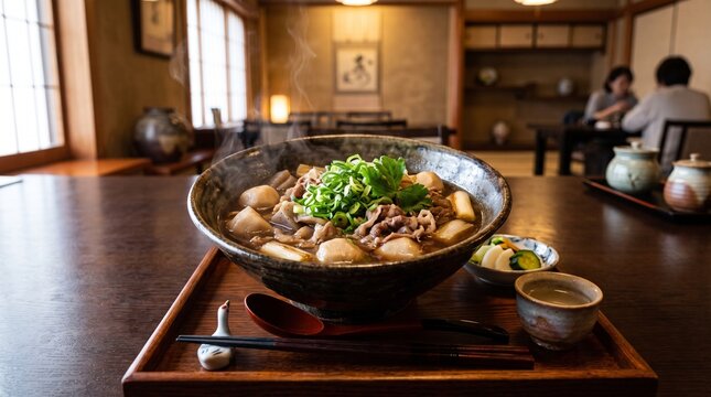 Steaming hot Yamagata imoni beef and taro root stew served in pottery bowl at traditional Japanese restaurant