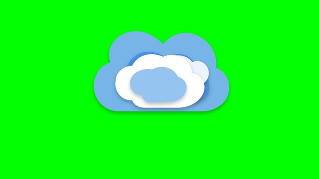 Professional 4K animated multi-layered paper cutout cloud composition featuring complex overlapping blue and white cloud shapes with soft drop shadows isolated on pure chroma key green screen backgrou