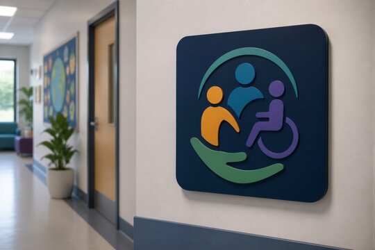 Healthcare accessibility sign mounted in facility hallway