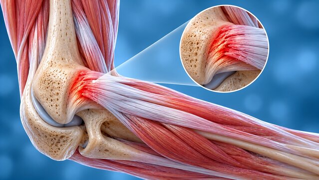 Elbow tendinitis with inflamed tendon attachment in detailed elbow anatomy