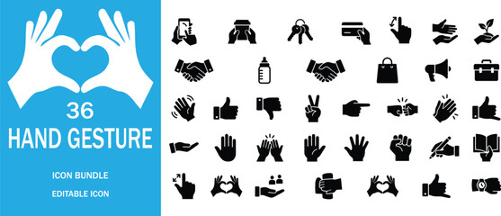 Obraz premium Collection of thirty-six black hand gesture icons set against a blue background for graphic design