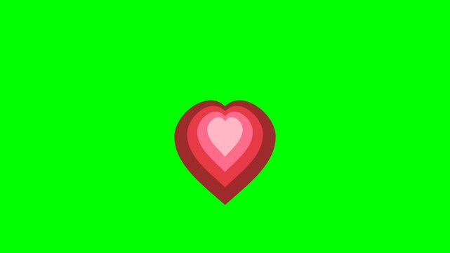 Professional 4K animated simple layered paper cutout heart featuring nested heart-shaped paper layers in solid vector colors isolated on pure chroma key green screen background.