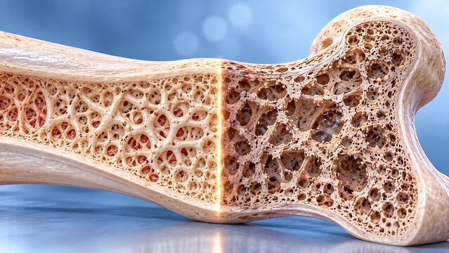 Osteoporosis showing reduced bone density and weakened trabecular structure