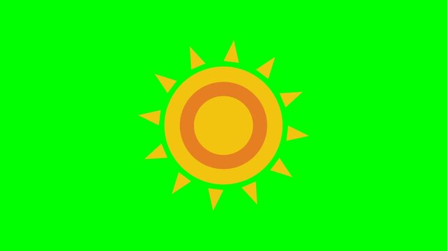 Professional 4K animated paper cutout sun featuring a large yellow base circle with triangular rays, an inner orange concentric ring, and a bright yellow center circle isolated on pure chroma key gree