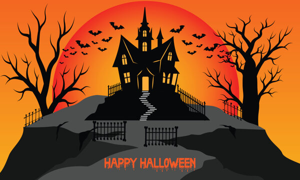 Happy Halloween banner background with haunted house full moon cliff graveyard and bats vector illustration
