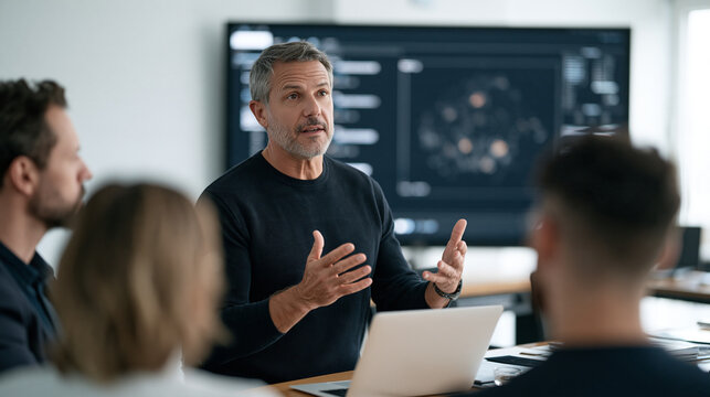 a closed caption accessibility screen is visible during a live meeting as a nuclear engineering team onboards a first day worker, crowded conference room over the shoulder view, a