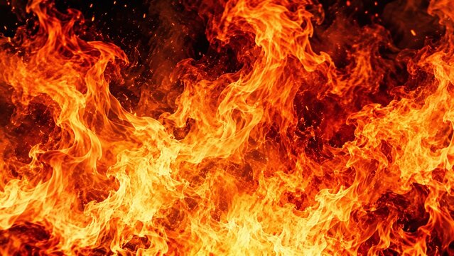 Intense blazing fire flames background with burning inferno effect, glowing hot sparks, and bright fiery texture for dynamic design