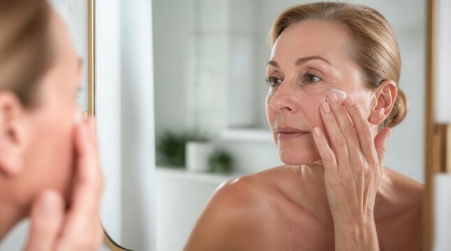 Mature woman applying moisturizing face cream looking mirror advertising commercial wellness portrait