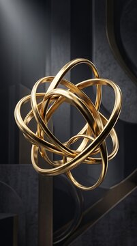 Abstract golden rings 3D rendering sculpture, interlocking metallic circles floating in dark architectural space