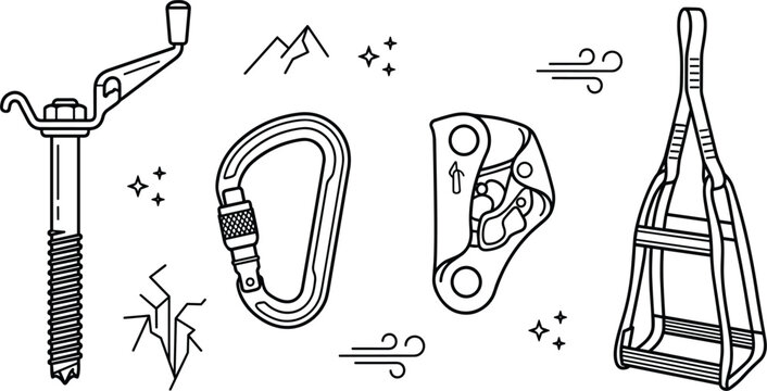 Ice Screw Carabiner Ascender and Etrier Line Art Vector Set