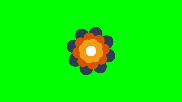 Professional 4K animated simple layered paper cutout flower featuring symmetrical overlapping botanical flat petals with continuous smooth rotation and breathing motion isolated on pure chroma key gre
