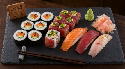 Fresh colorful sushi rolls arranged on a black slate board, wasabi and ginger on the side © AhmedSherif