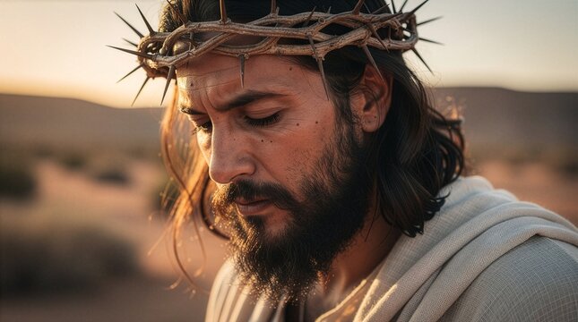 Close up portrait of Jesus Christ with closed eyes wearing a crown of thorns in a desert landscape at sunset symbolizing deep prayer sorrow divine sacrifice and profound Christian faith