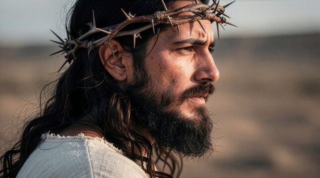 Side view portrait of Jesus Christ wearing a crown of thorns looking ahead with determination and hope in a desert landscape symbolizing salvation ultimate sacrifice and profound Christian faith