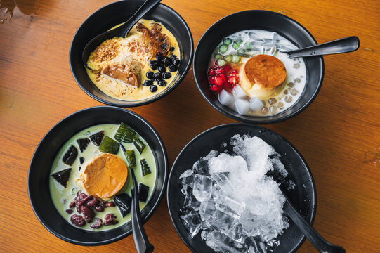 che thai dessert with many colorful pieces of jelly. concept of asian street food, top view