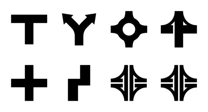Road Intersection Icons: Traffic Signs, Junctions, Roundabouts, Highway Overpasses, Vector Set