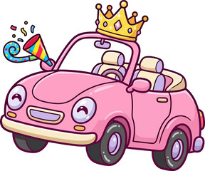 Obraz premium Cute Pink Cartoon Party Car with Gold Crown and Confetti