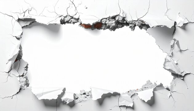 Large damaged hole torn into a white plaster wall creating an empty copy space frame.