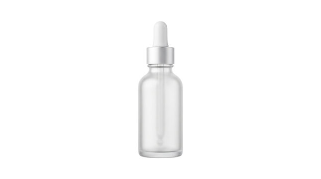 Frosted glass dropper bottle for cosmetic serum, clear glass apothecary vial with silver cap, professional skincare packaging mockup for beauty products isolated PNG with Transparent Background