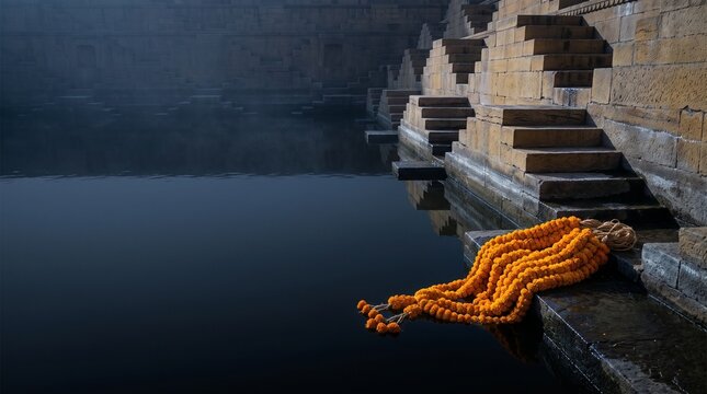Ancient stone stepwell stairs with orange marigold garland resting on dark mirror water, Ganesh Visarjan sacred ritual stillness concept with vast clean copy space  