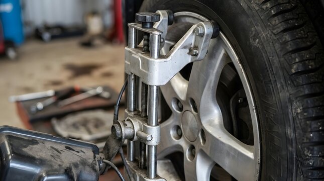 Professional wheel alignment sensor clamped onto a car tire rim in a modern automotive repair shop, specialized garage equipment for precise steering and suspension adjustment service.