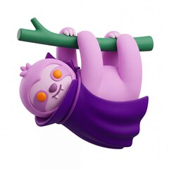 Fototapeta premium Cute purple sloth wearing vampire cape hanging on green branch 3D render