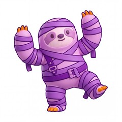 Fototapeta premium Cute purple sloth dressed as mummy costume dancing on white background