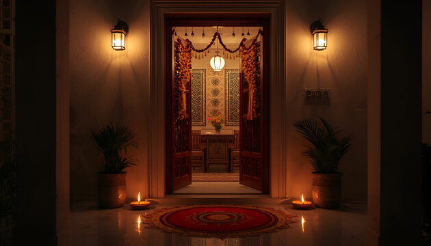Entrance of a home decorated with oil lamps and traditional rangoli for diwali indian home cultural hol