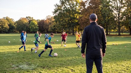 Obraz premium Children practicing soccer drills with a coach on a grass field during a sunny day.