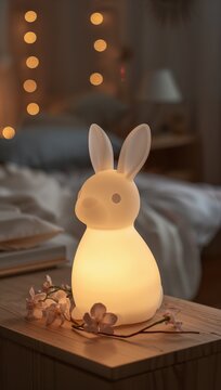 Cute bunny night light glowing softly on a wooden bedside table in a cozy children bedroom.